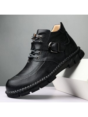 Menico Men Cowhide Leather Buckle Decor Hand Stitching Casual Ankle Boots