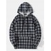 Mens Plaid Half Button Corduroy Preppy Drawstring Hoodies With Pocket