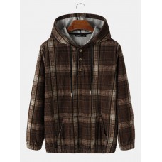 Mens Plaid Corduroy Half Button Preppy Drawstring Hoodies