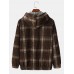 Mens Plaid Corduroy Half Button Preppy Drawstring Hoodies