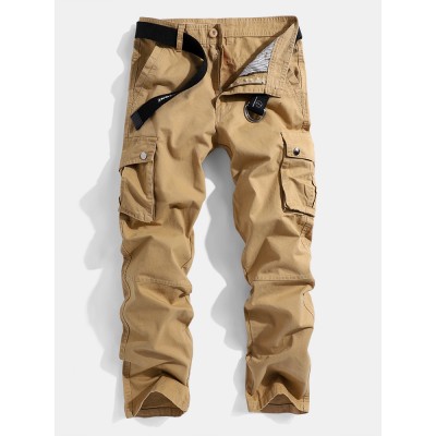 Mens Solid Color Multi Pocket Zipper Fly Mid Waist Casual Pants