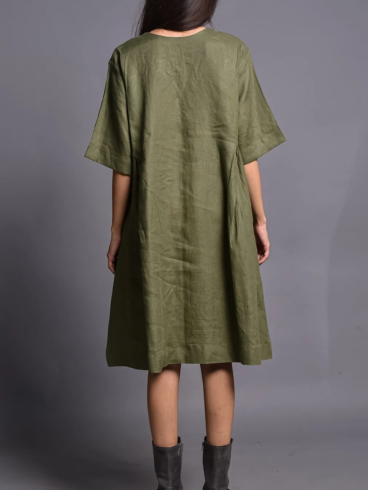 Cotton And Linen V Neck Plain Short Sleeve Mini Dress Cotton And Linen V Neck Plain Short Sleeve Mini Dress