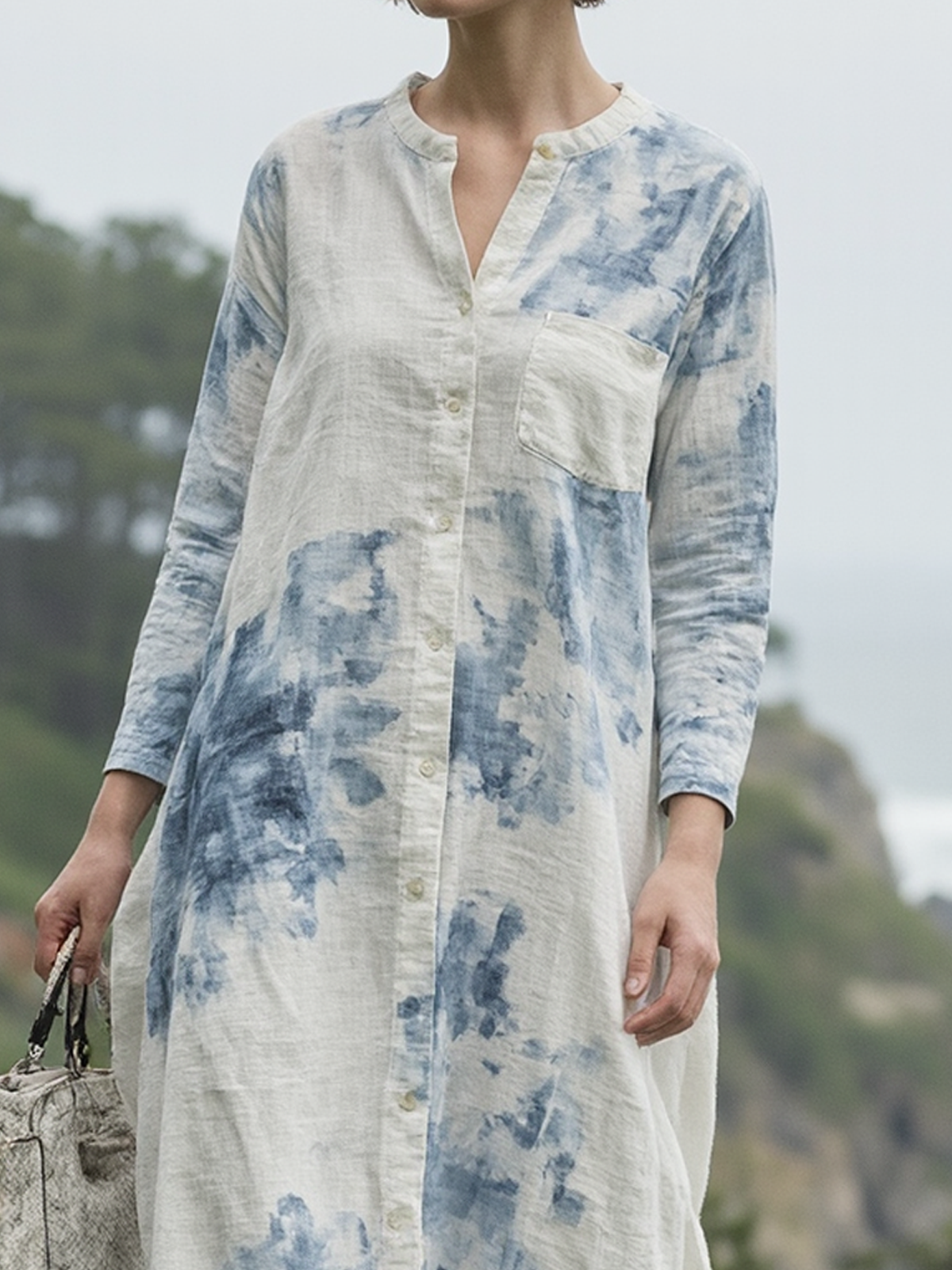 Linen Stand Collar Floral Three Quarter Sleeve Midi Dress Linen Stand Collar Floral Three Quarter Sleeve Midi Dress