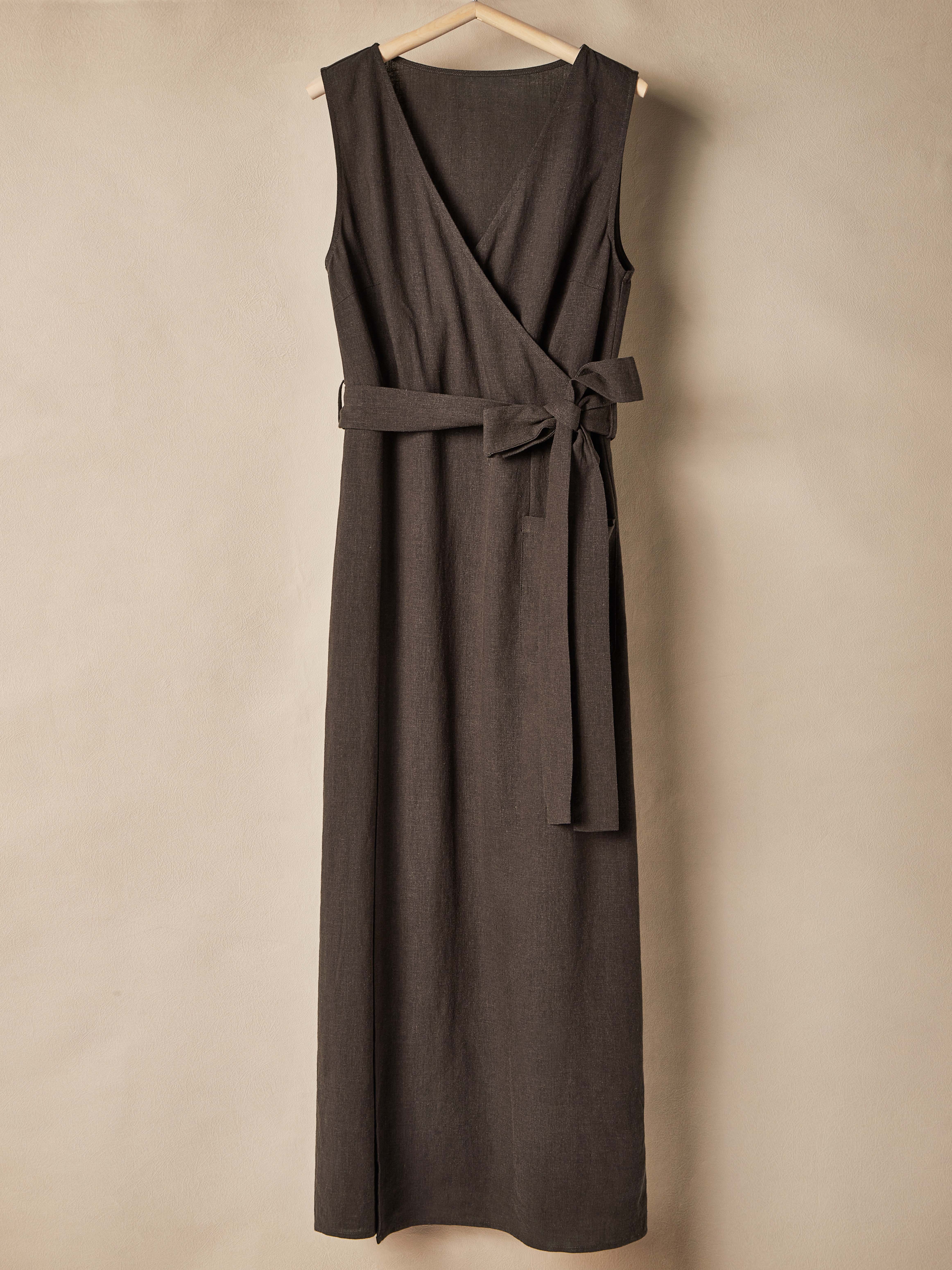Cotton And Linen V Neck Belt Design Sleeveless Slit Maxi Dress Cotton And Linen V Neck Belt Design Sleeveless Slit Maxi Dress