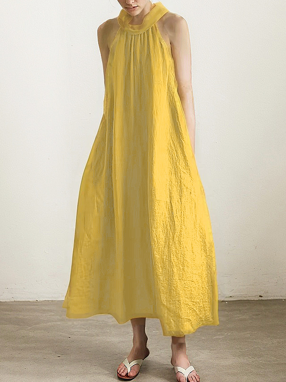 Linen Halter Plain Sleeveless Maxi Dress Linen Halter Plain Sleeveless Maxi Dress