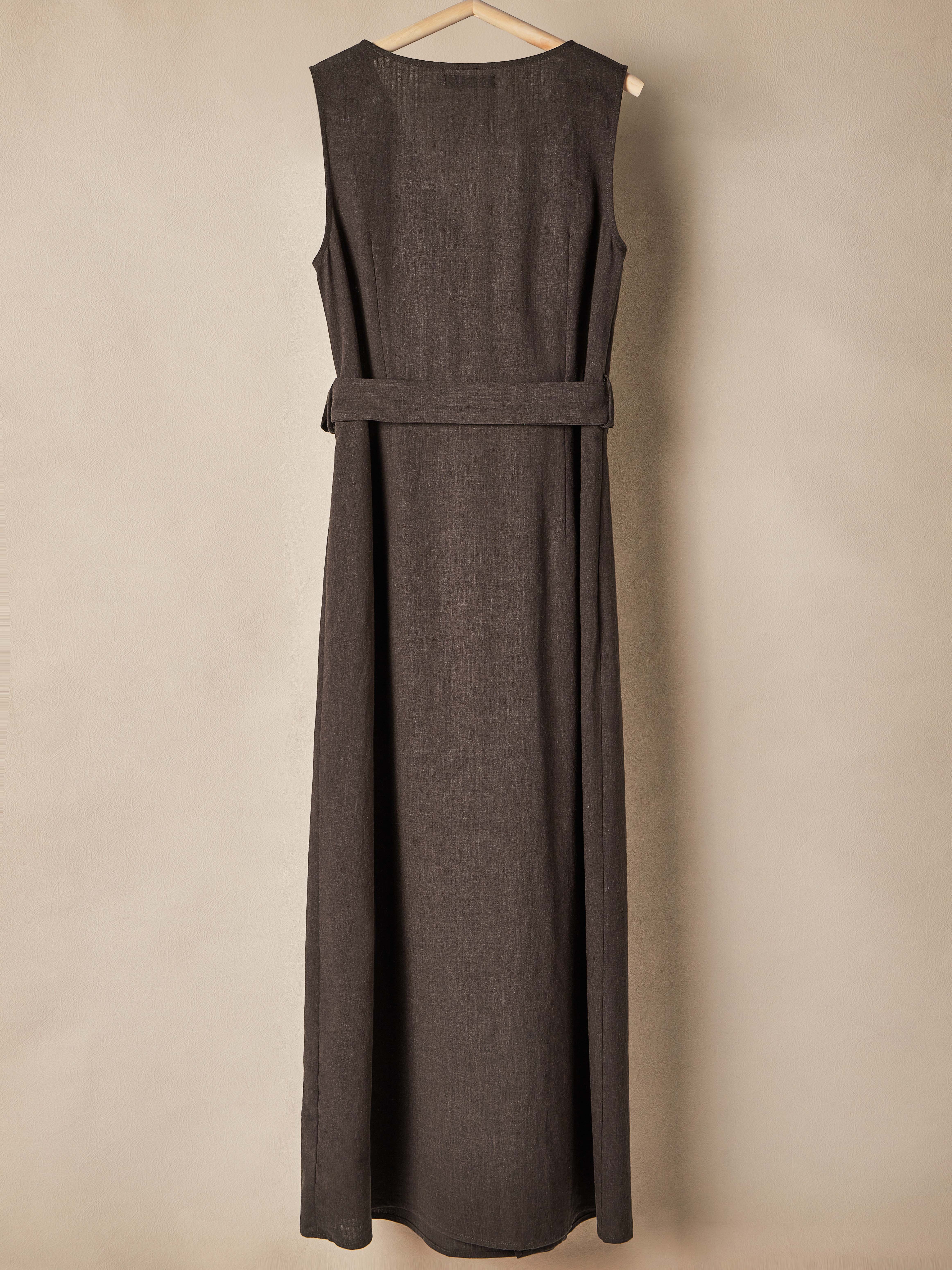 Cotton And Linen V Neck Belt Design Sleeveless Slit Maxi Dress Cotton And Linen V Neck Belt Design Sleeveless Slit Maxi Dress