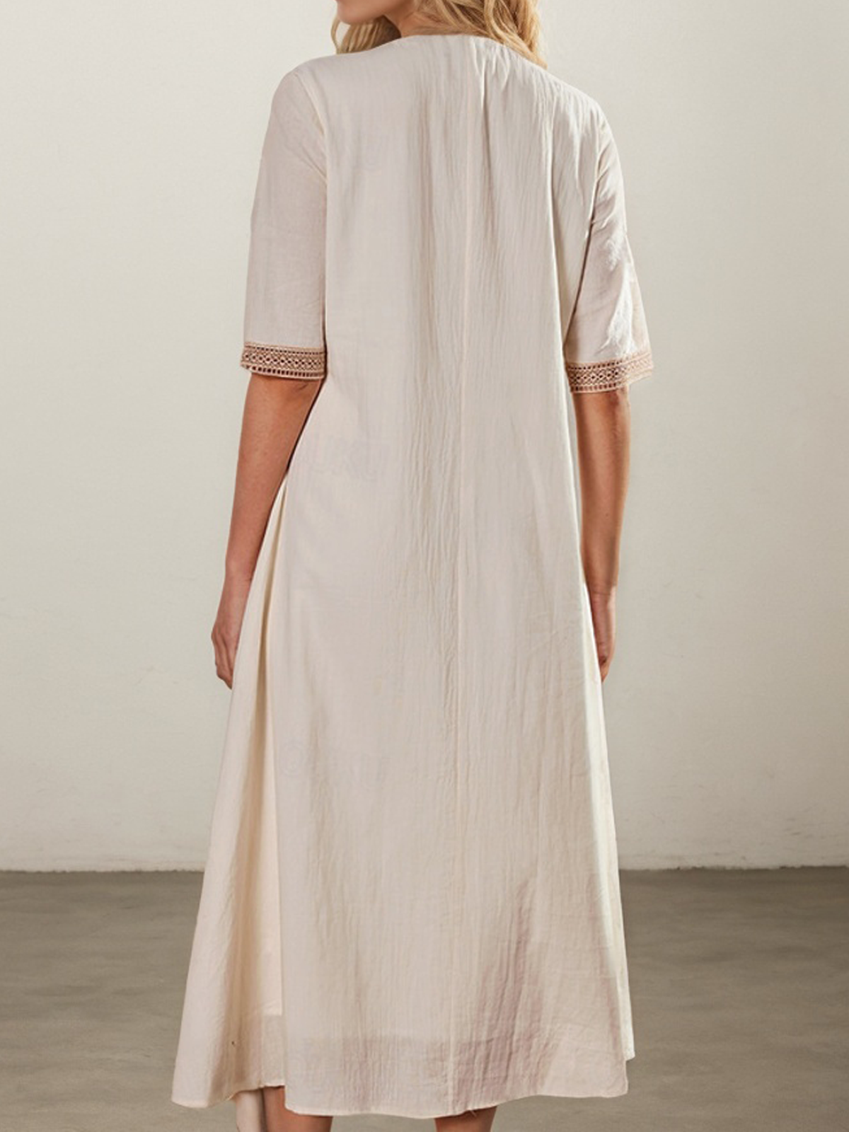 Linen V Neck Plain Short Sleeve Midi Dress Linen V Neck Plain Short Sleeve Midi Dress