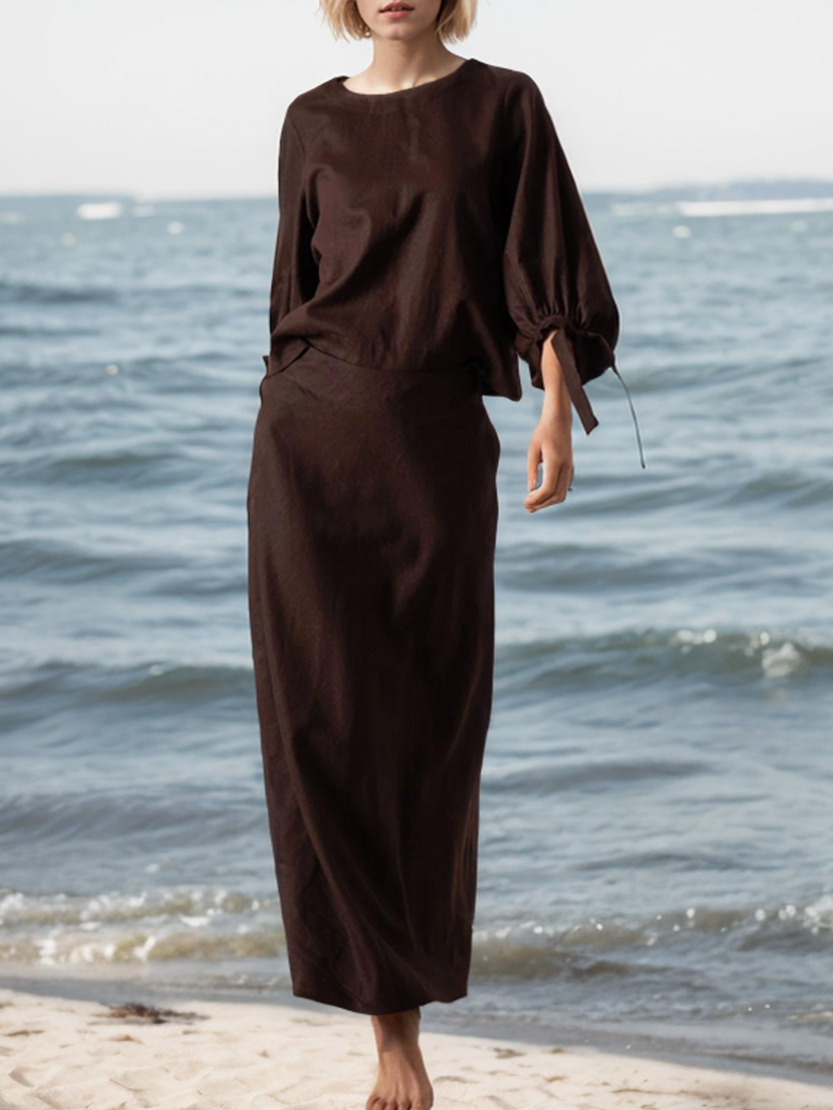 Linen Crew Neck Plain Long Sleeve Blouse Linen Crew Neck Plain Long Sleeve Blouse