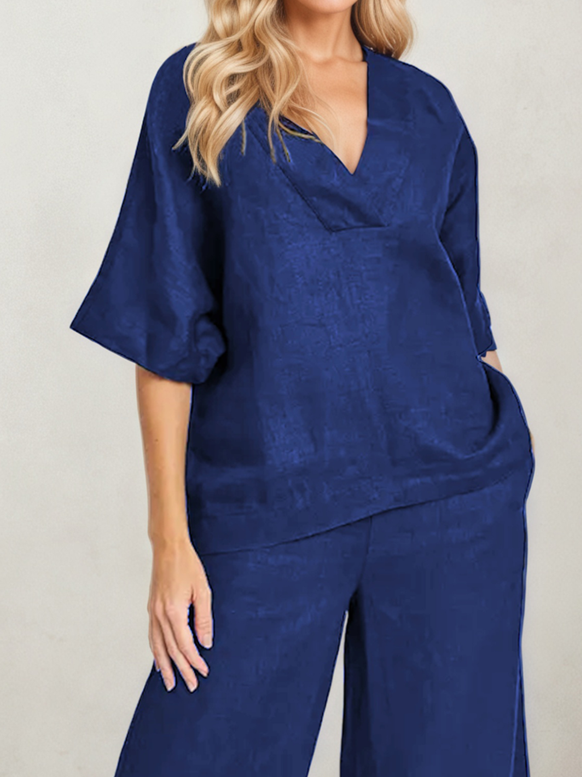 Linen V Neck Plain Short Sleeve Top With Pants Two-piece Set Linen V Neck Plain Short Sleeve Top With Pants Two-piece Set