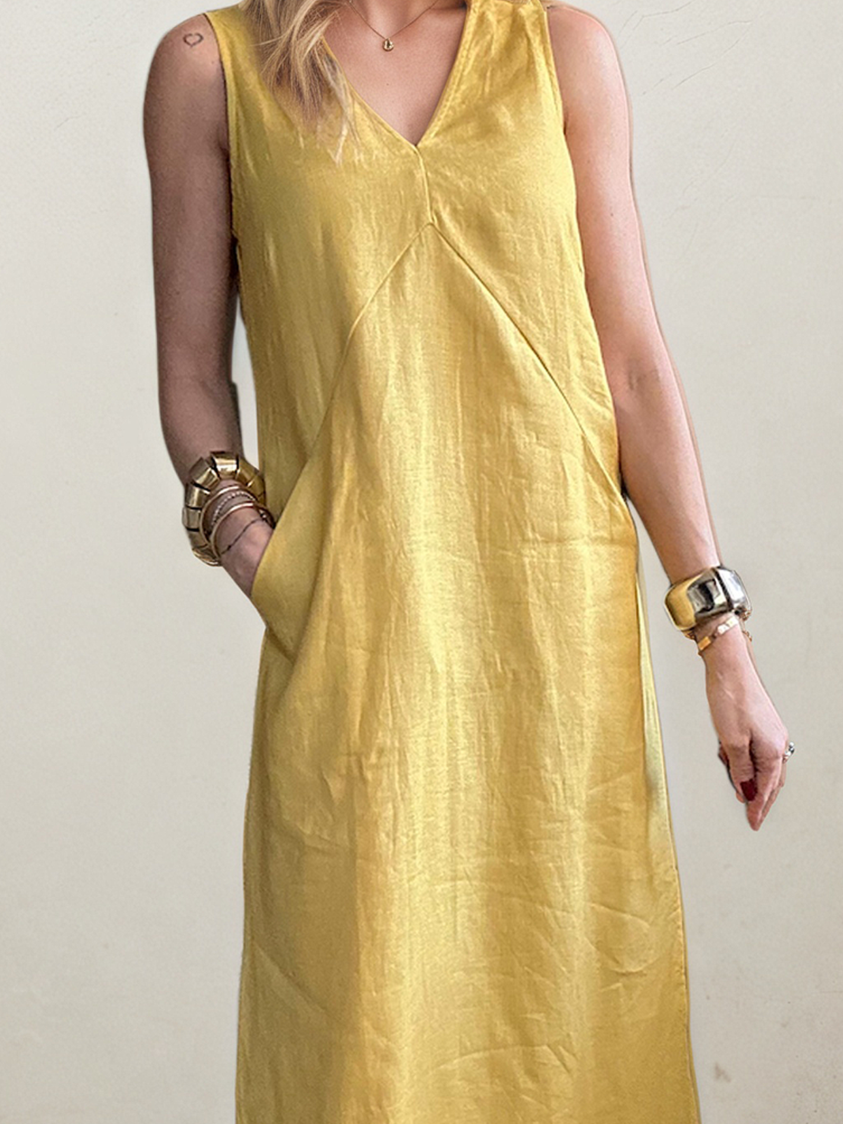 Linen V Neck Plain Sleeveless Maxi Dress Linen V Neck Plain Sleeveless Maxi Dress