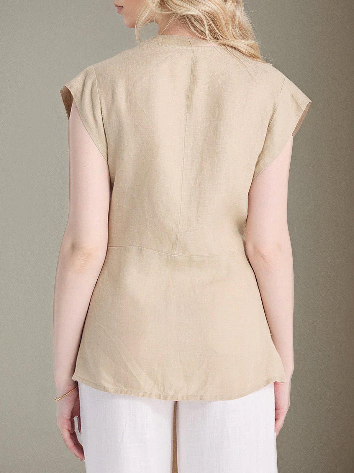 Linen V Neck Plain Cap Sleeve Blouse Linen V Neck Plain Cap Sleeve Blouse