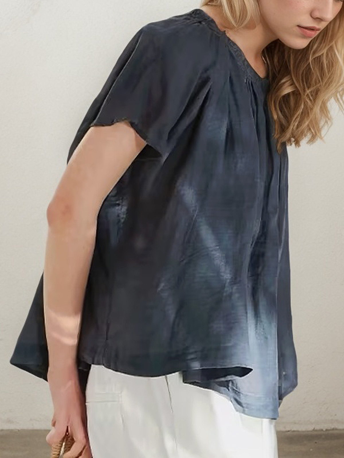 Linen Crew Neck Plain Short Sleeve Blouse Linen Crew Neck Plain Short Sleeve Blouse