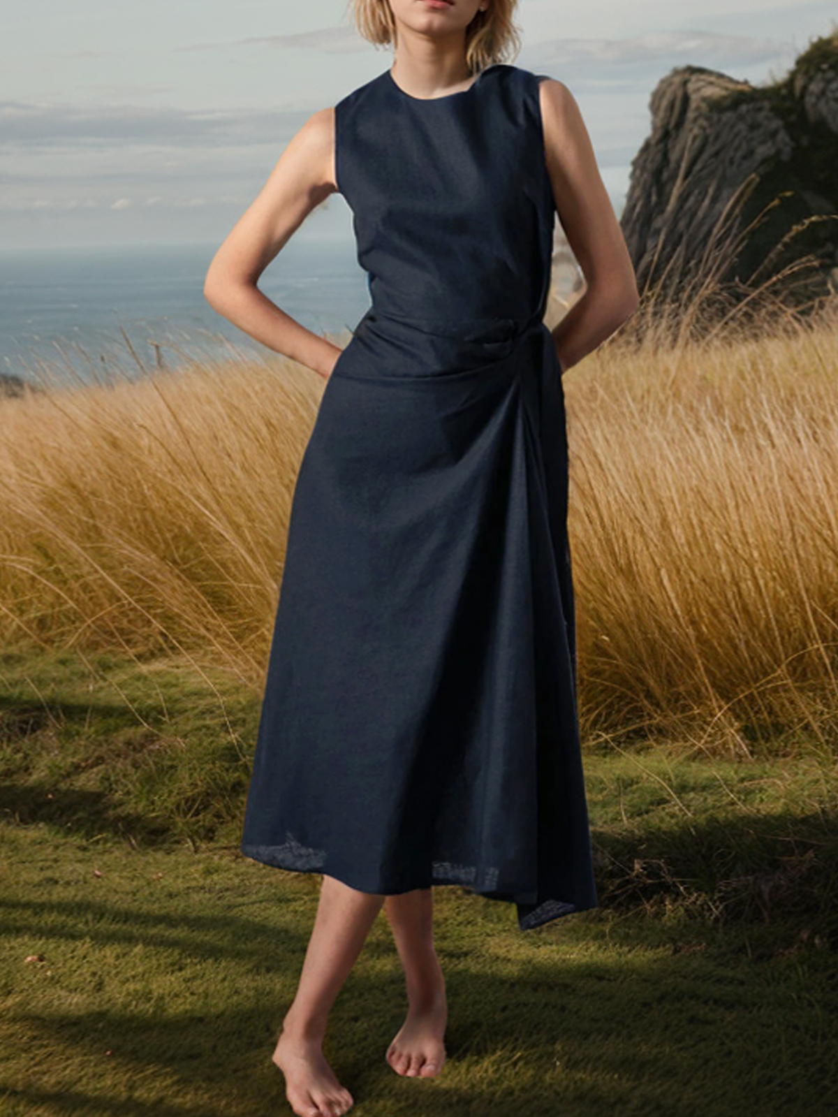 Linen Crew Neck Pleated Sleeveless Midi Dress Linen Crew Neck Pleated Sleeveless Midi Dress