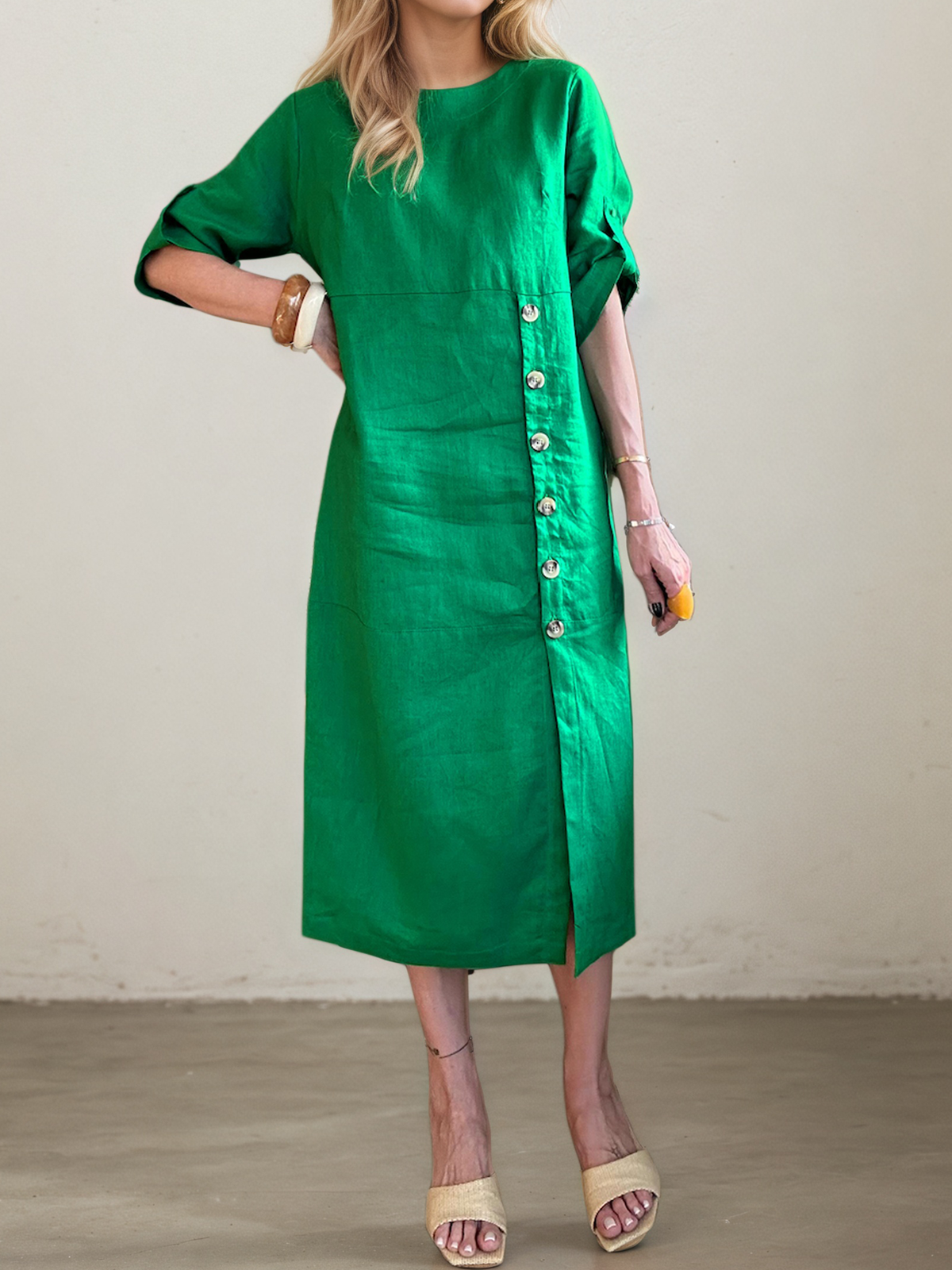 Linen Crew Neck Plain Short Sleeve Midi Dress Linen Crew Neck Plain Short Sleeve Midi Dress