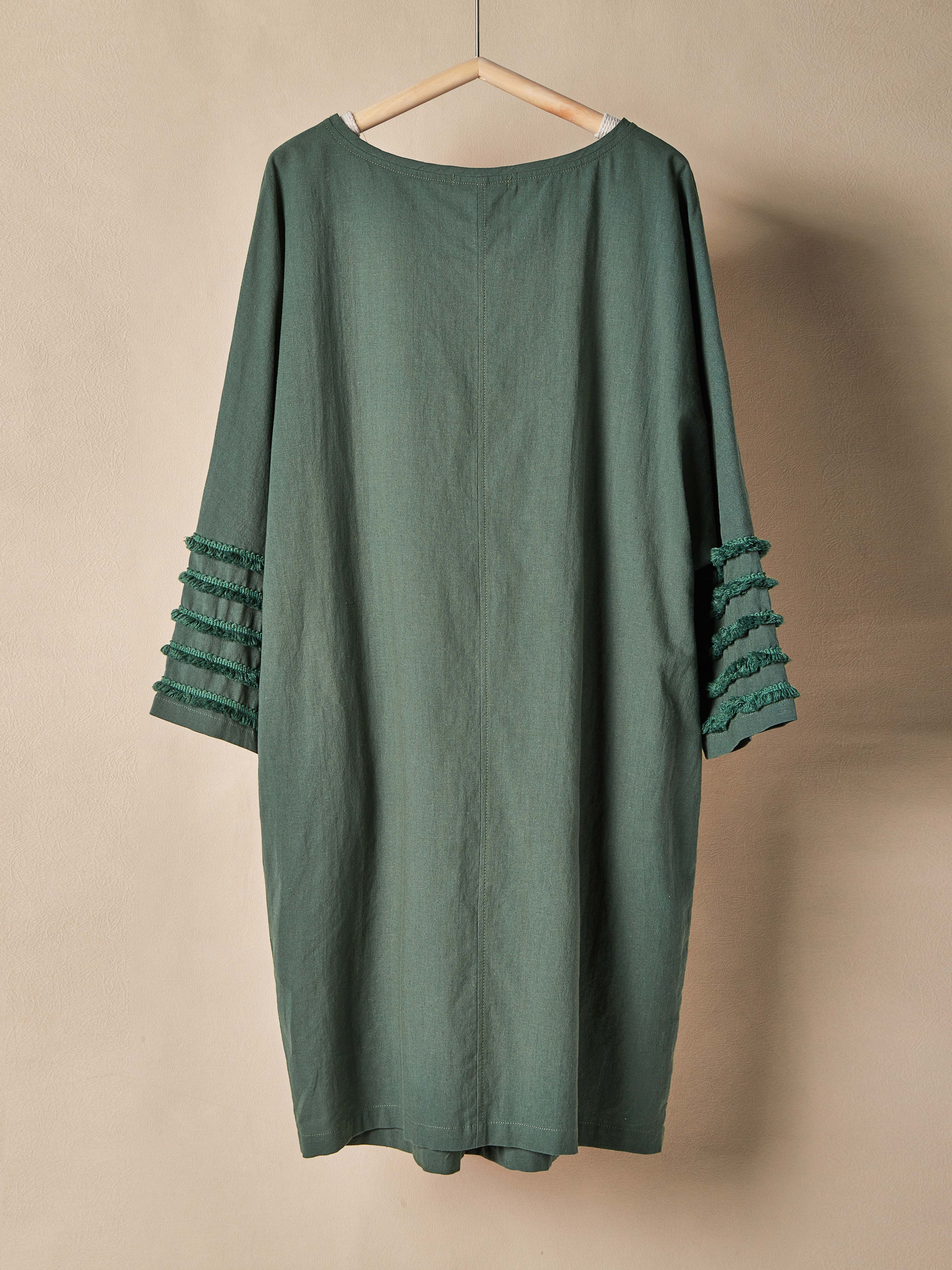 Cotton And Linen Crew Neck Plain Three-quarter Sleeve Dress Cotton And Linen Crew Neck Plain Three-quarter Sleeve Dress