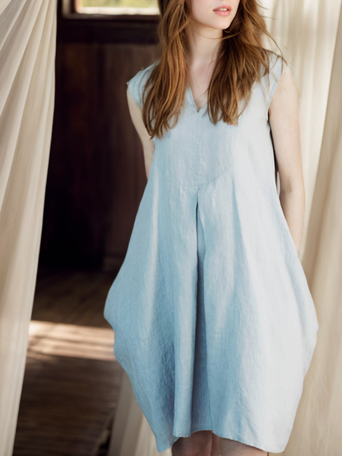 Cotton And Linen Crew Neck Plain Sleeveless Mini Dress Cotton And Linen Crew Neck Plain Sleeveless Mini Dress