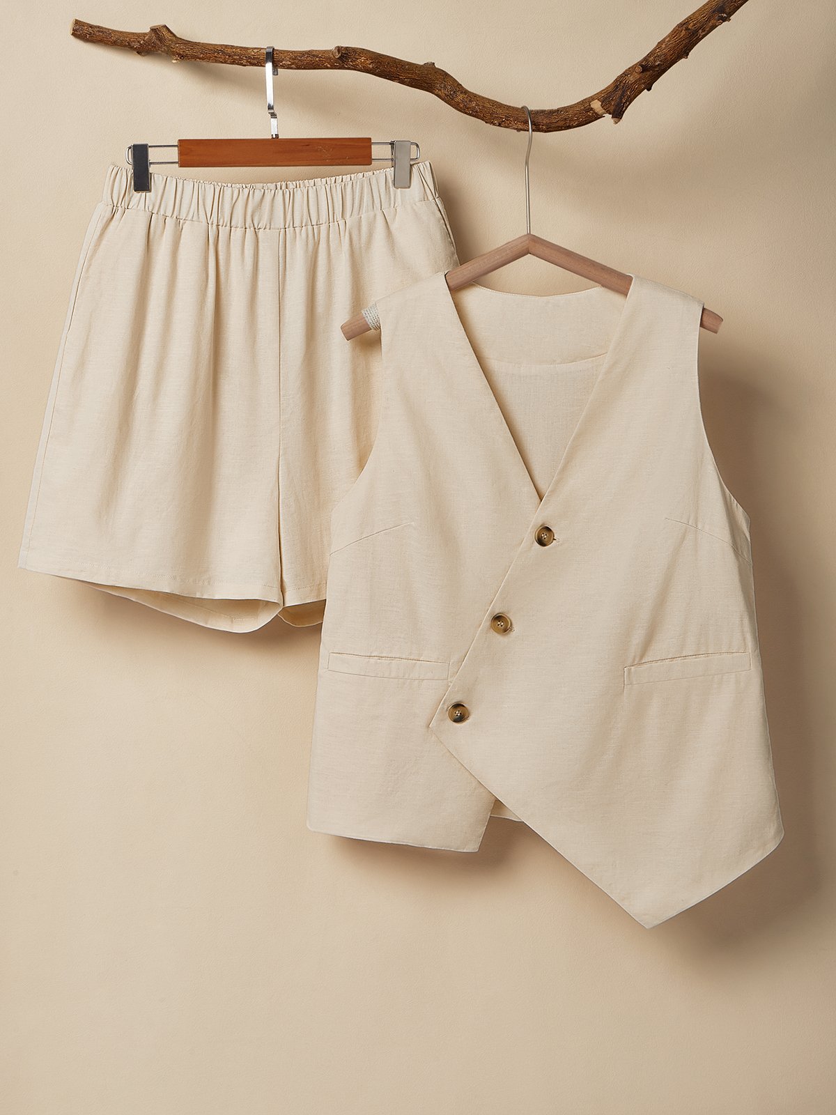 Cotton And Linen V Neck Plain Button Design Sleeveless Two-piece Set Cotton And Linen V Neck Plain Button Design Sleeveless Two-piece Set