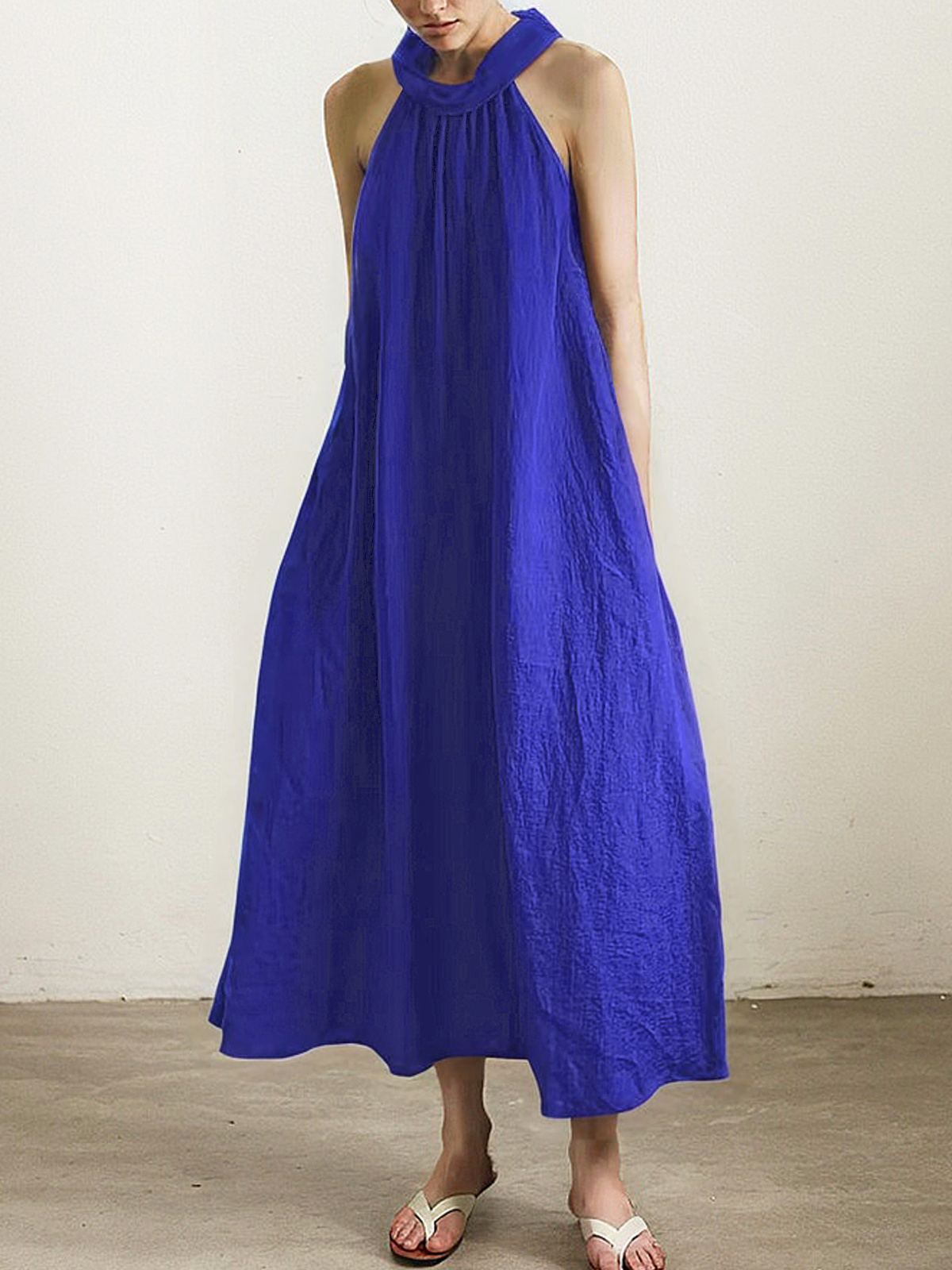 Linen Halter Plain Sleeveless Maxi Dress Linen Halter Plain Sleeveless Maxi Dress