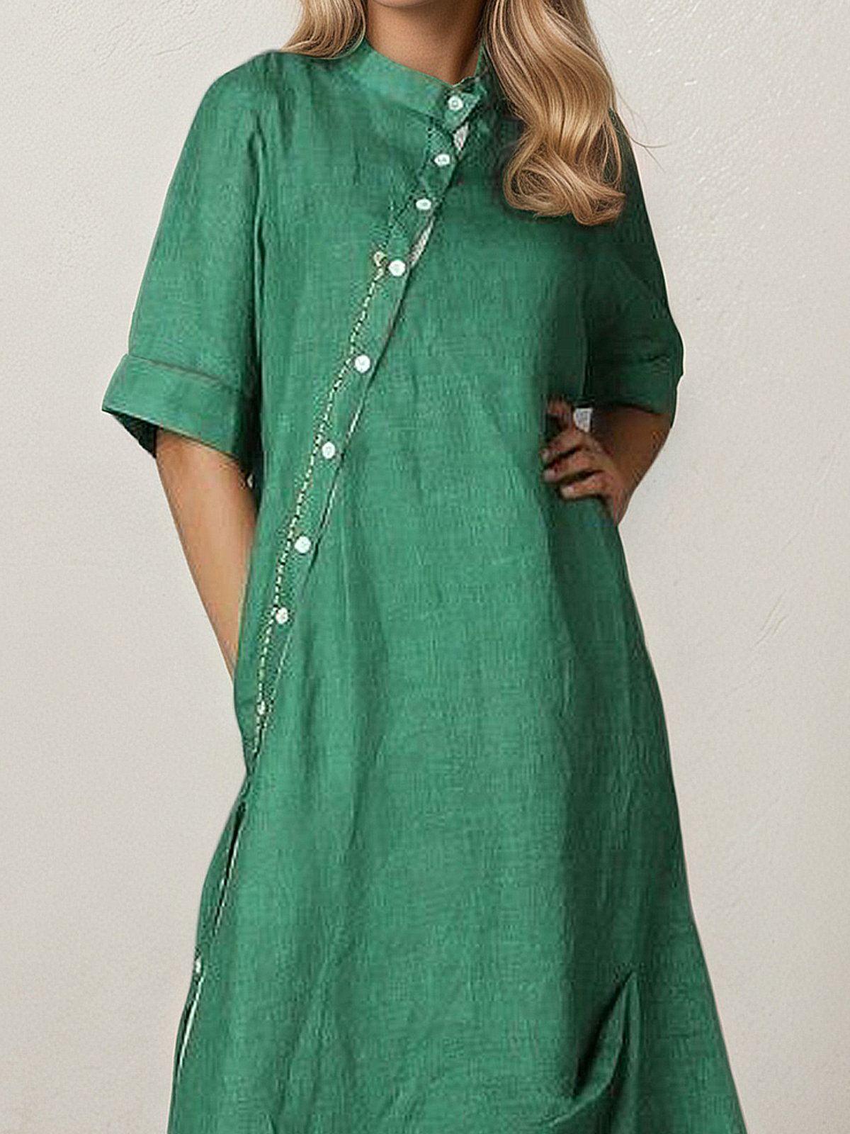 Linen Stand Collar Plain Half Sleeve Maxi Dress Linen Stand Collar Plain Half Sleeve Maxi Dress