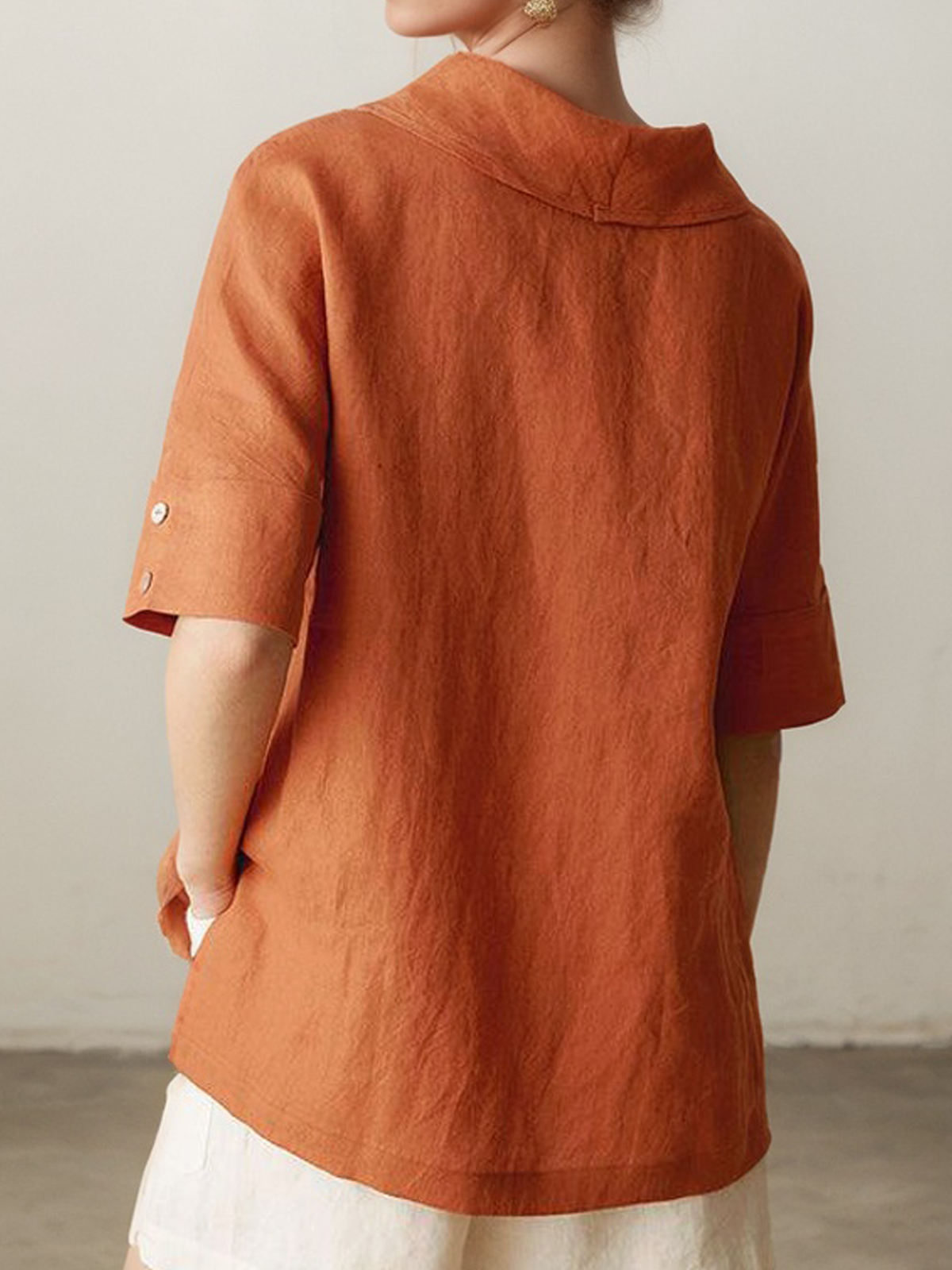 Linen Shawl Collar Plain Short Sleeve Blouse Linen Shawl Collar Plain Short Sleeve Blouse
