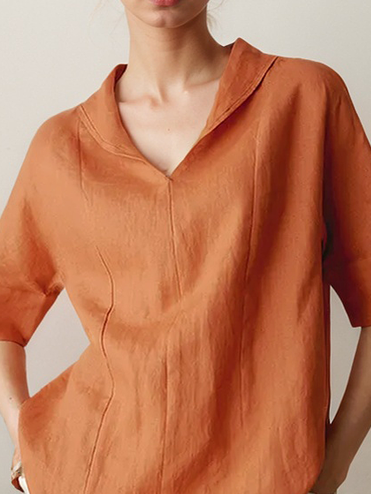 Linen Shawl Collar Plain Short Sleeve Blouse Linen Shawl Collar Plain Short Sleeve Blouse