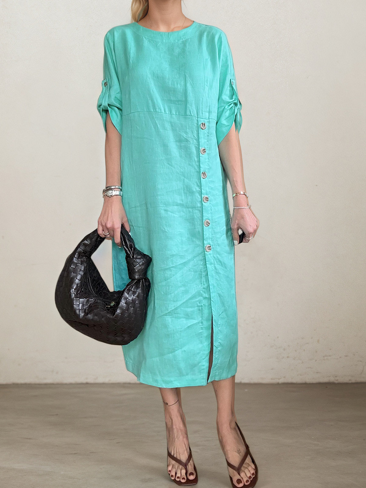 Linen Crew Neck Plain Short Sleeve Midi Dress Linen Crew Neck Plain Short Sleeve Midi Dress