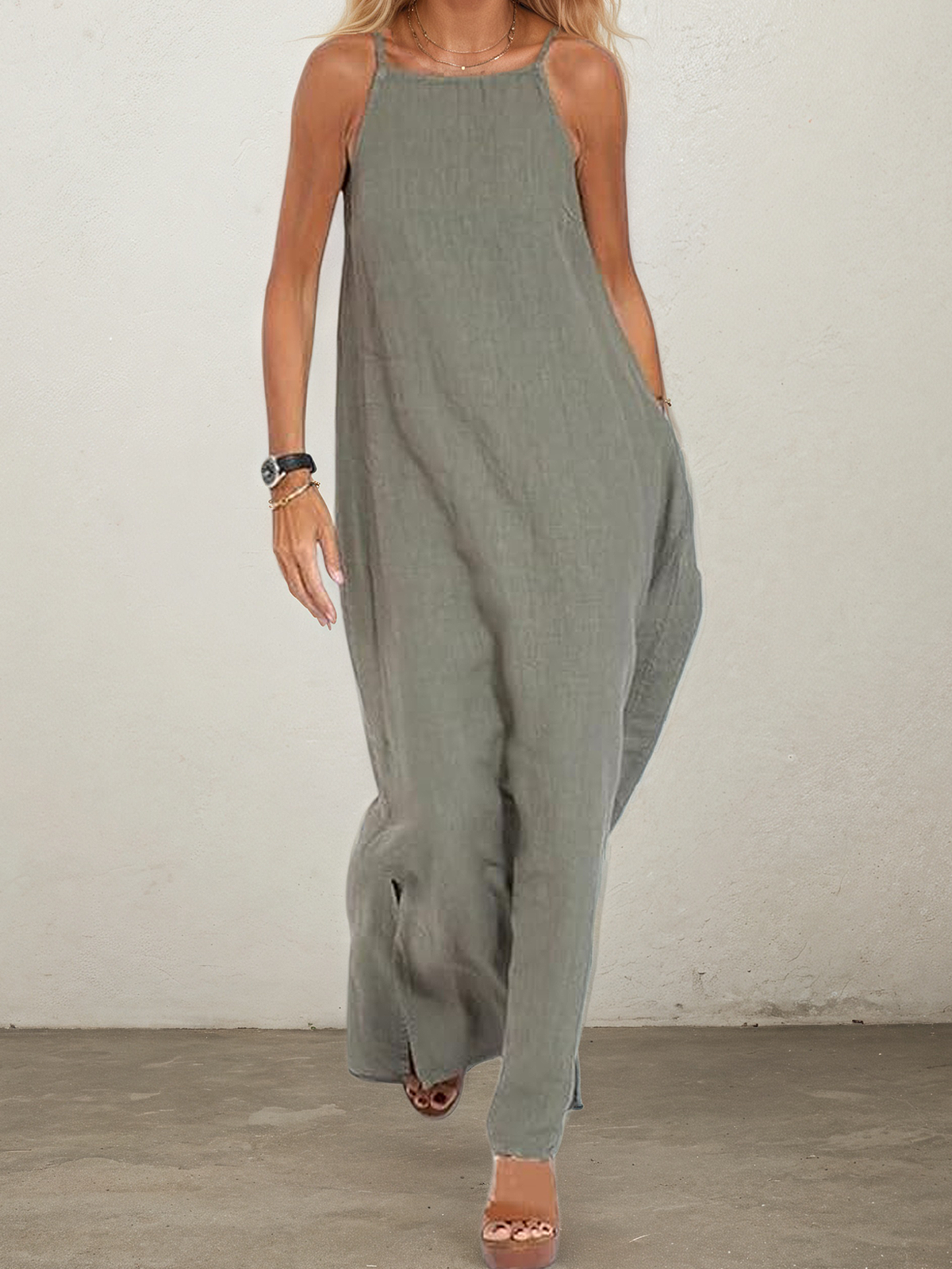 Linen Square Neck Plain Sleeveless Maxi Dress Linen Square Neck Plain Sleeveless Maxi Dress