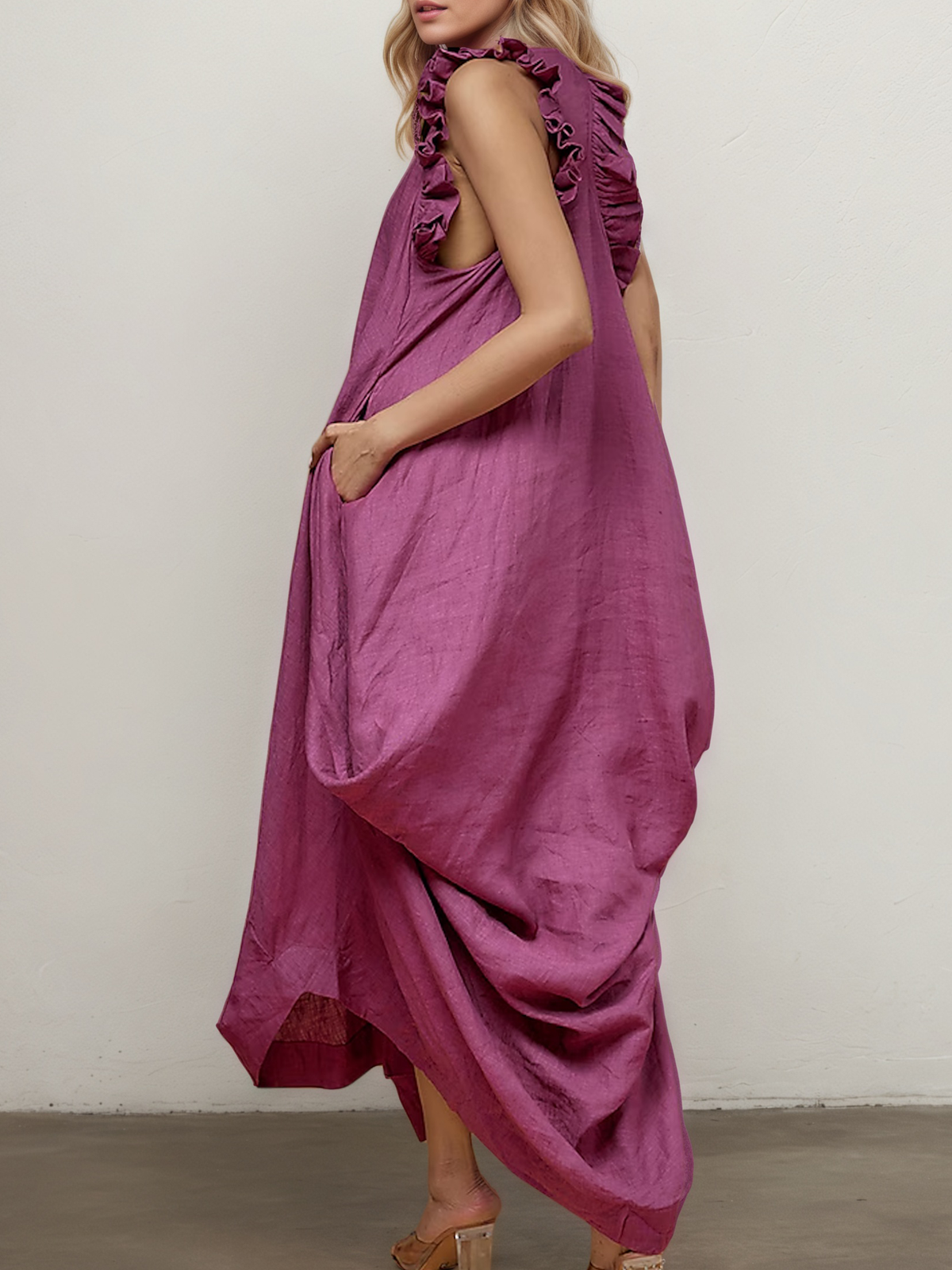Linen Crew Neck Plain Sleeveless Maxi Dress Linen Crew Neck Plain Sleeveless Maxi Dress