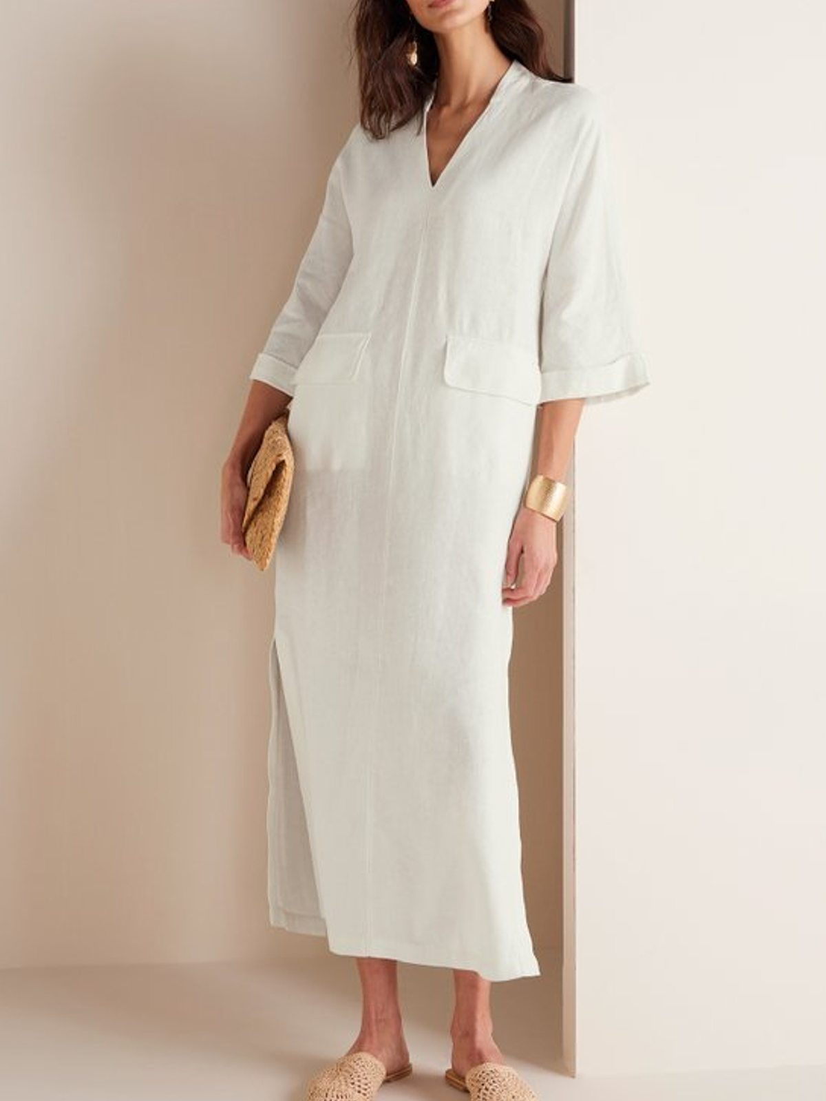 Cotton And Linen V Neck Slit Long Sleeve Maxi Dress Cotton And Linen V Neck Slit Long Sleeve Maxi Dress