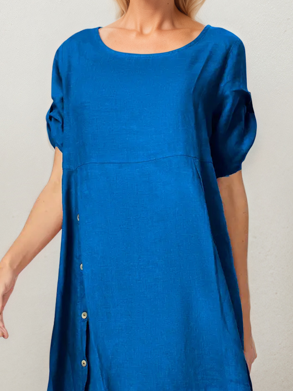 Linen Crew Neck Plain Half Sleeve Dress Mini Linen Crew Neck Plain Half Sleeve Dress Mini
