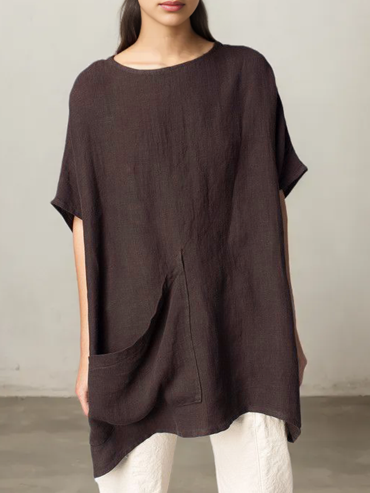 Cotton And Linen Crew Neck Plain Short Sleeve Blouse