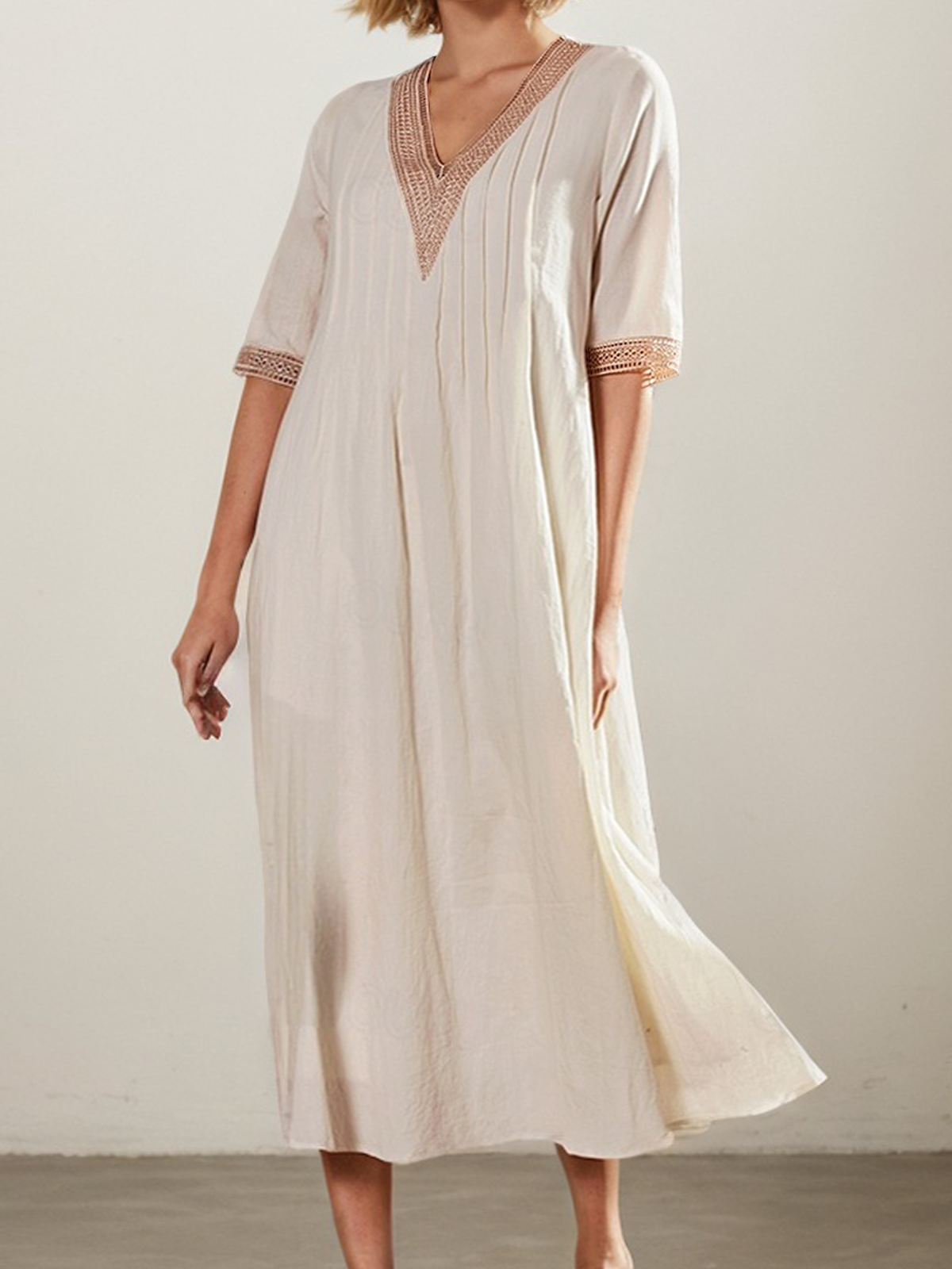Linen V Neck Plain Short Sleeve Midi Dress Linen V Neck Plain Short Sleeve Midi Dress