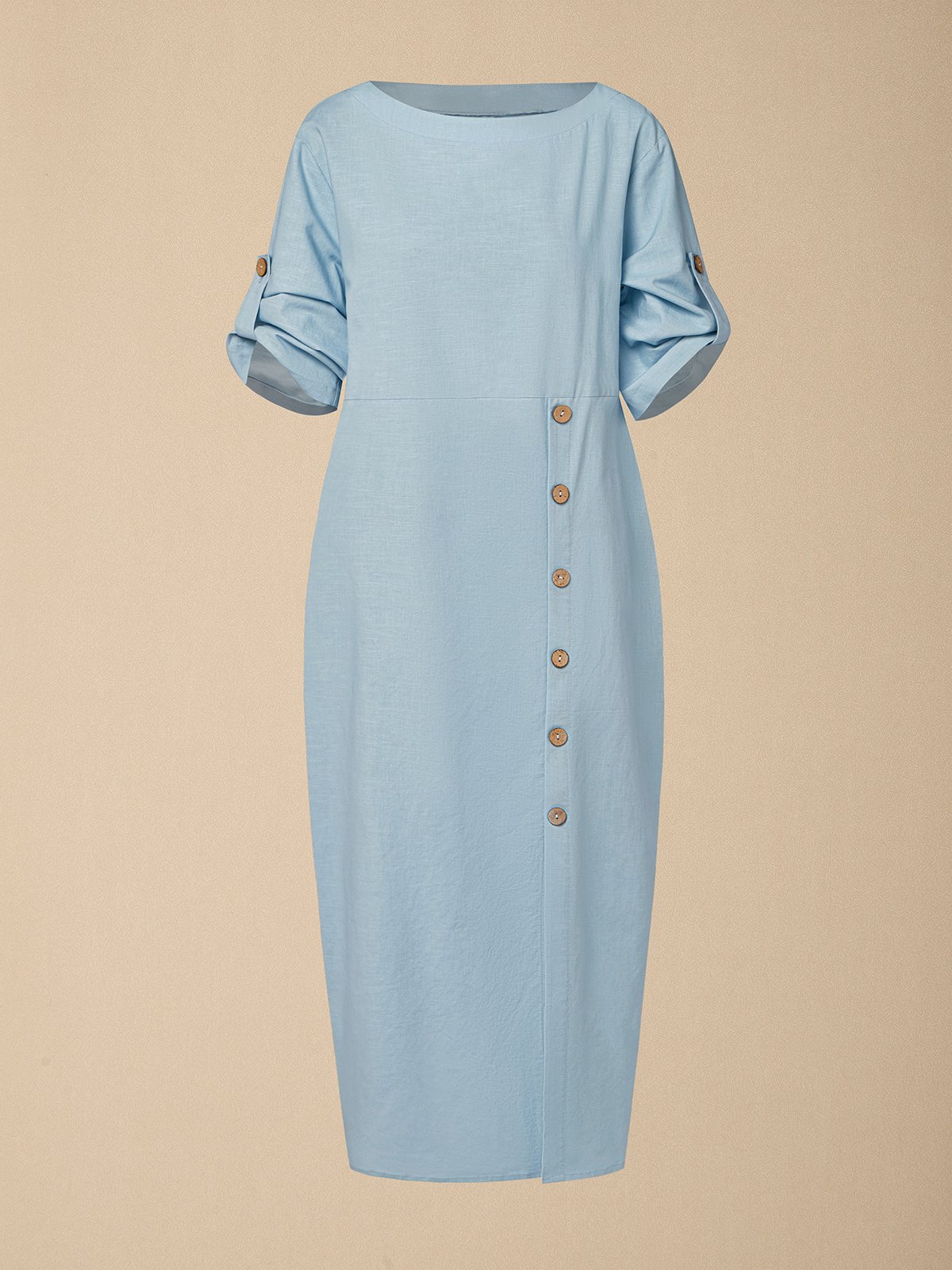 Linen Crew Neck Plain Short Sleeve Midi Dress Linen Crew Neck Plain Short Sleeve Midi Dress