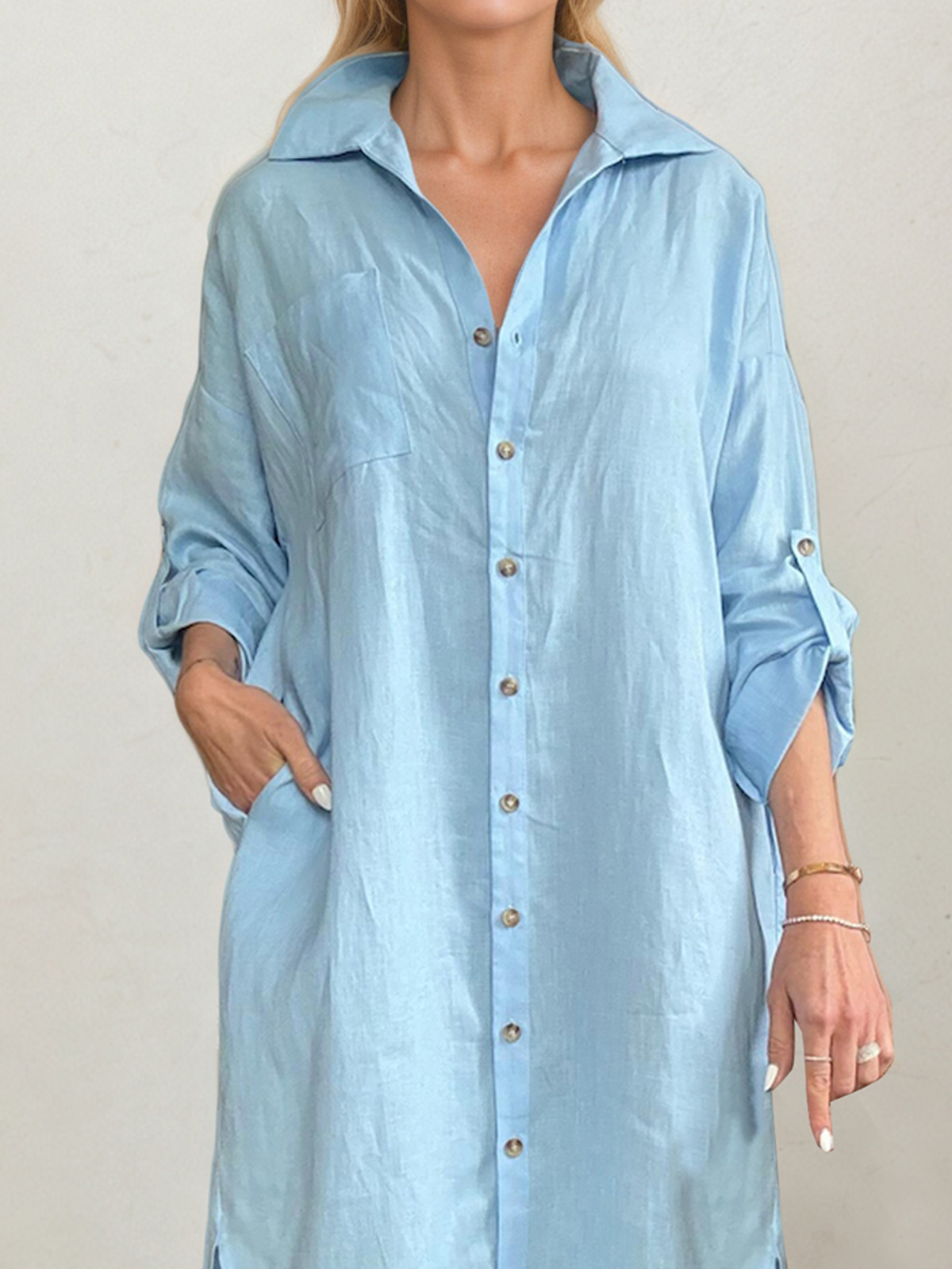Linen Shirt Collar Plain Long Sleeve Midi Dress Linen Shirt Collar Plain Long Sleeve Midi Dress