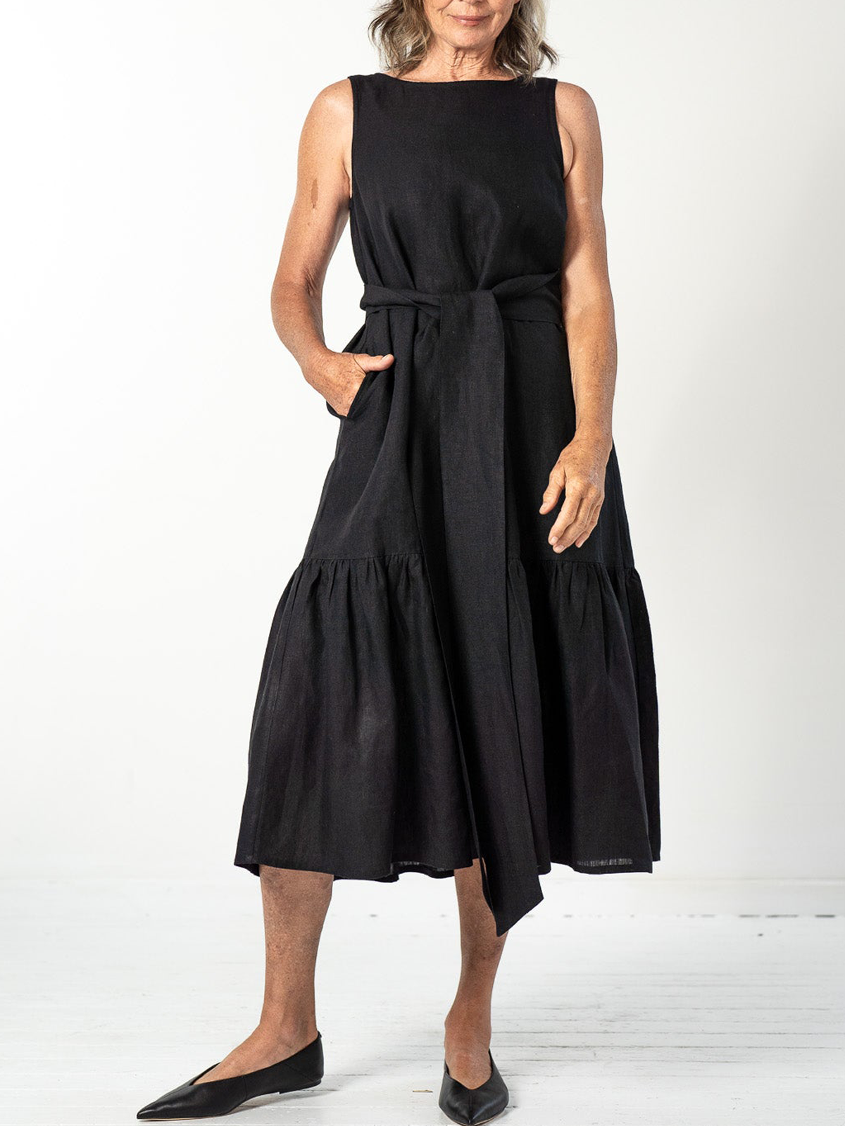 Cotton And Linen Crew Neck Plain Sleeveless Midi Dress Cotton And Linen Crew Neck Plain Sleeveless Midi Dress