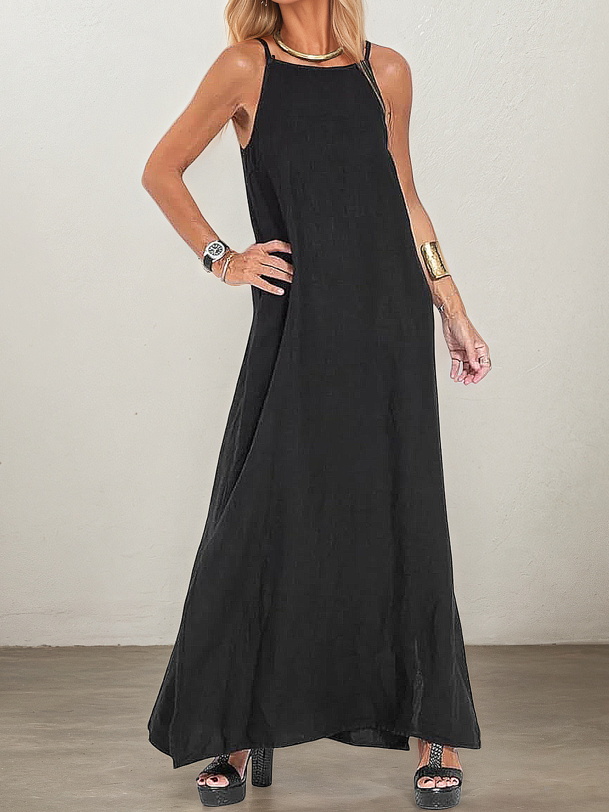 Linen Square Neck Plain Sleeveless Maxi Dress Linen Square Neck Plain Sleeveless Maxi Dress