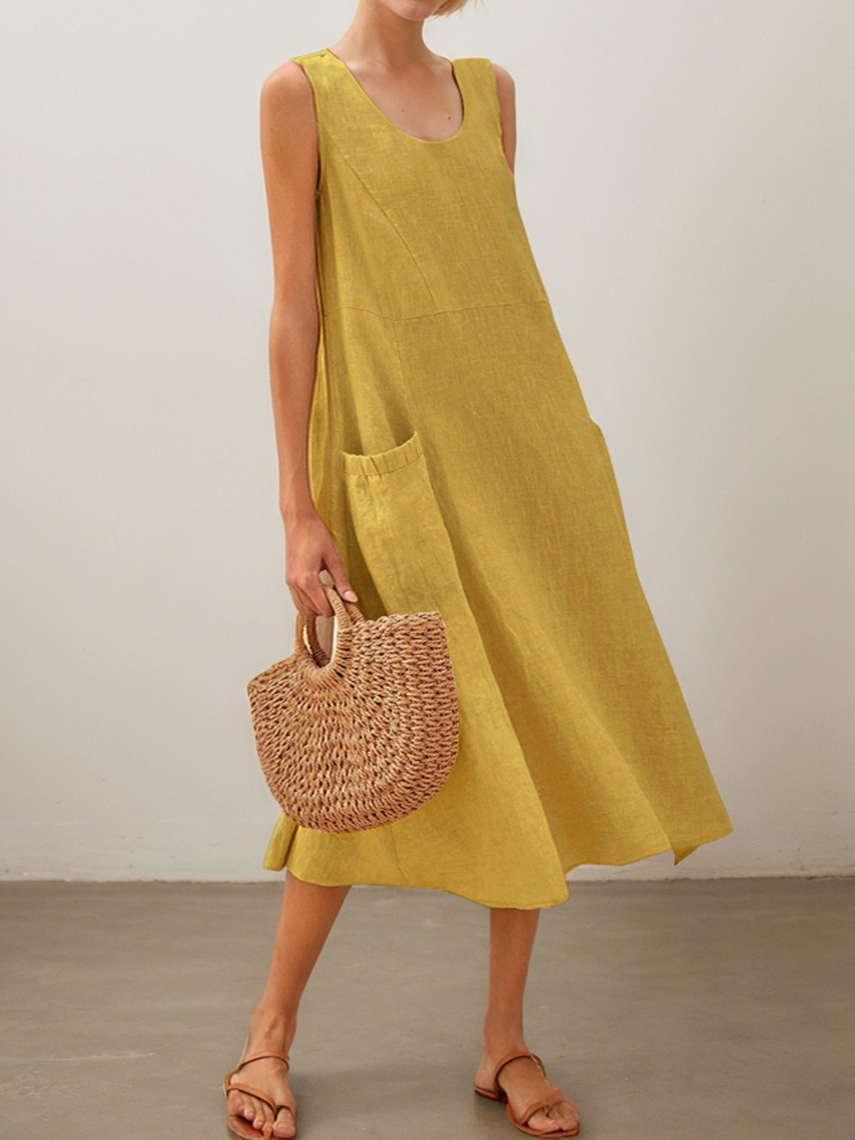 Cotton And Linen Crew Neck Plain Sleeveless Maxi Dress Cotton And Linen Crew Neck Plain Sleeveless Maxi Dress