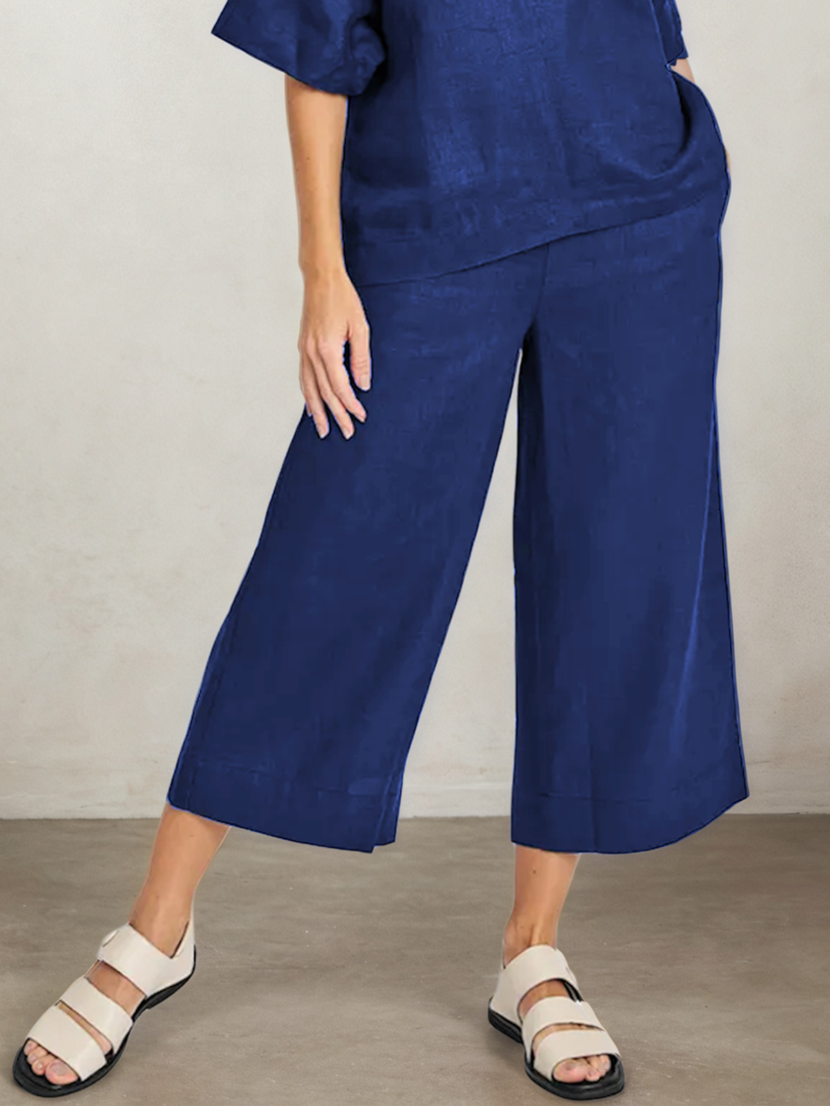Linen V Neck Plain Short Sleeve Top With Pants Two-piece Set Linen V Neck Plain Short Sleeve Top With Pants Two-piece Set