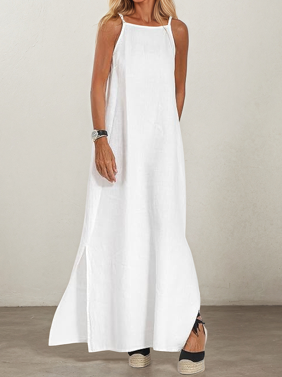 Linen Square Neck Plain Sleeveless Maxi Dress Linen Square Neck Plain Sleeveless Maxi Dress
