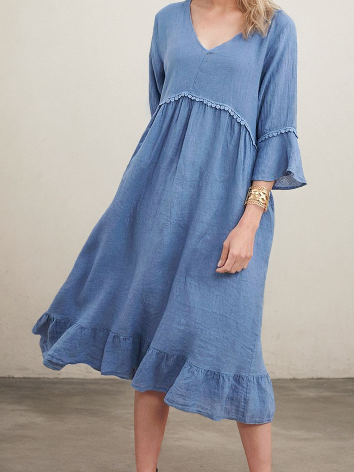 Linen V Neck Plain Short Sleeve Midi Dress Linen V Neck Plain Short Sleeve Midi Dress