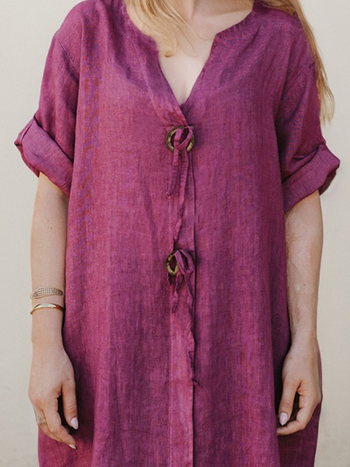 Linen Crew Neck Plain Half Sleeve Mini Dress Linen Crew Neck Plain Half Sleeve Mini Dress