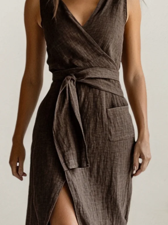 Cotton And Linen V Neck Belt Design Sleeveless Slit Maxi Dress Cotton And Linen V Neck Belt Design Sleeveless Slit Maxi Dress