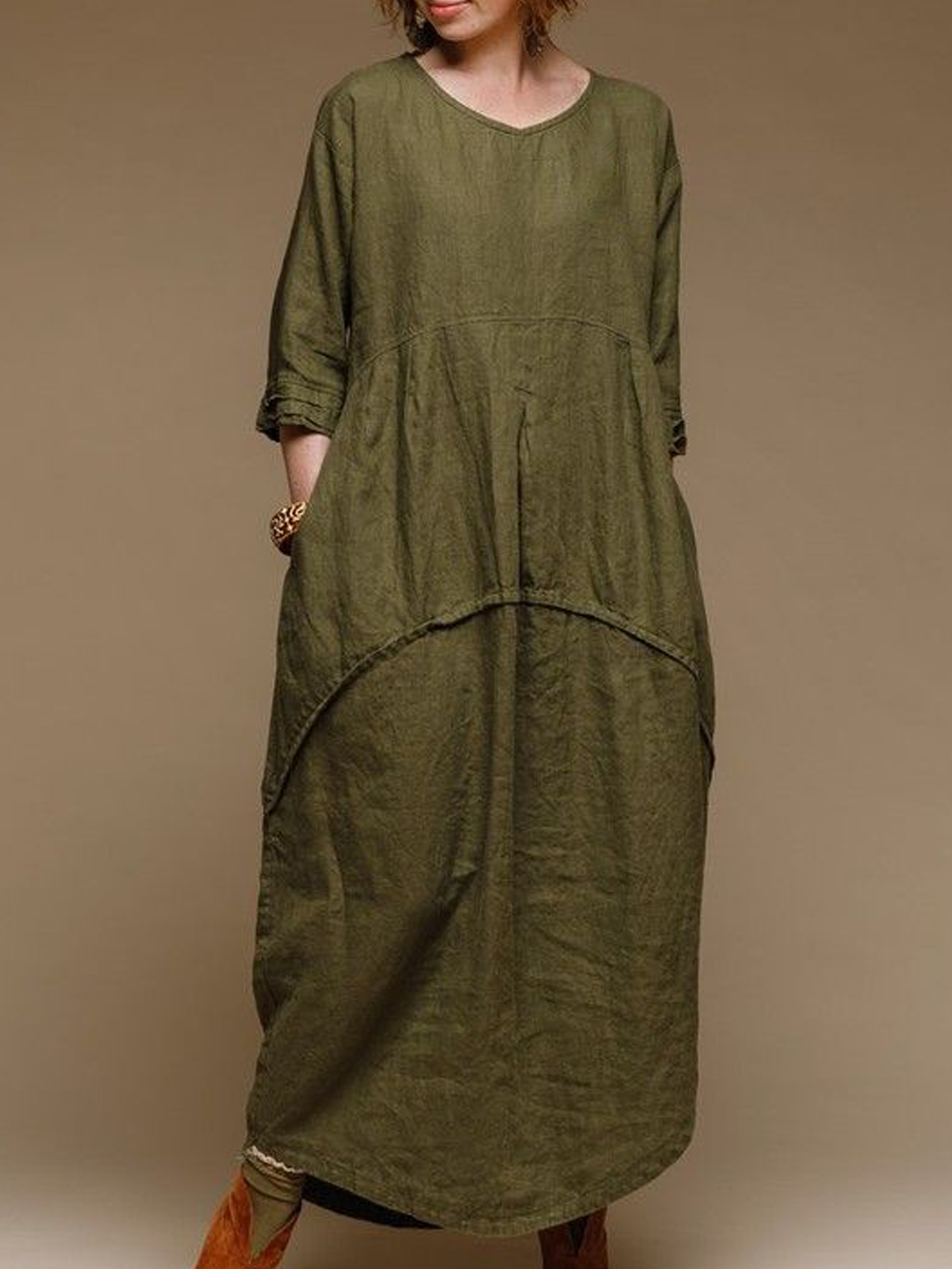 Linen-Cotton Crew Neck Plain Long Sleeve Maxi Dress Linen-Cotton Crew Neck Plain Long Sleeve Maxi Dress