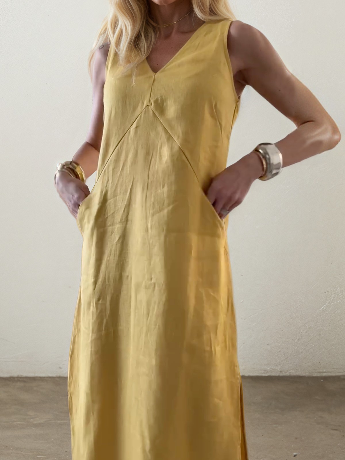 Linen V Neck Plain Sleeveless Maxi Dress Linen V Neck Plain Sleeveless Maxi Dress