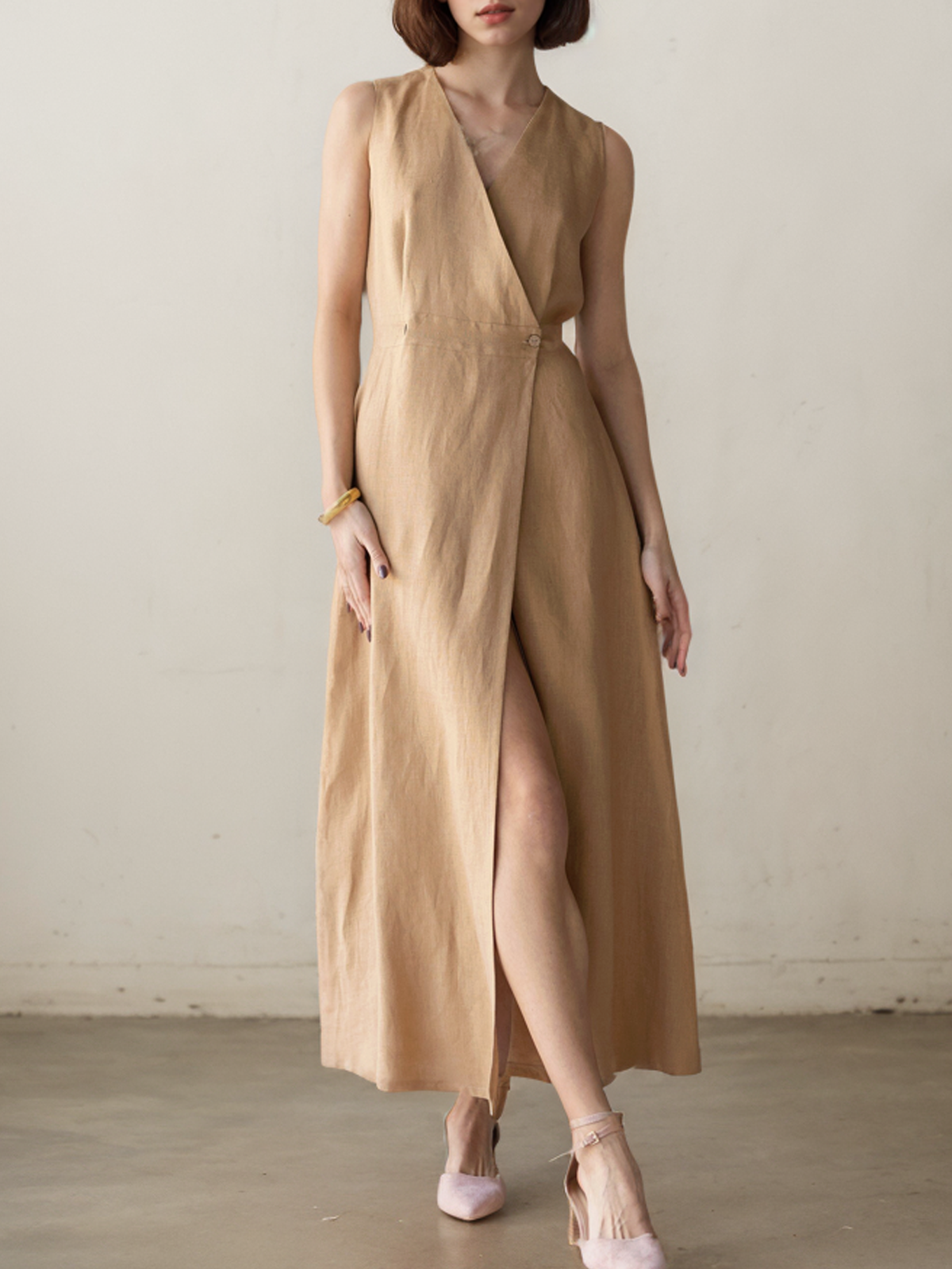 Cotton And Linen V Neck Slit Sleeveless Maxi Dress