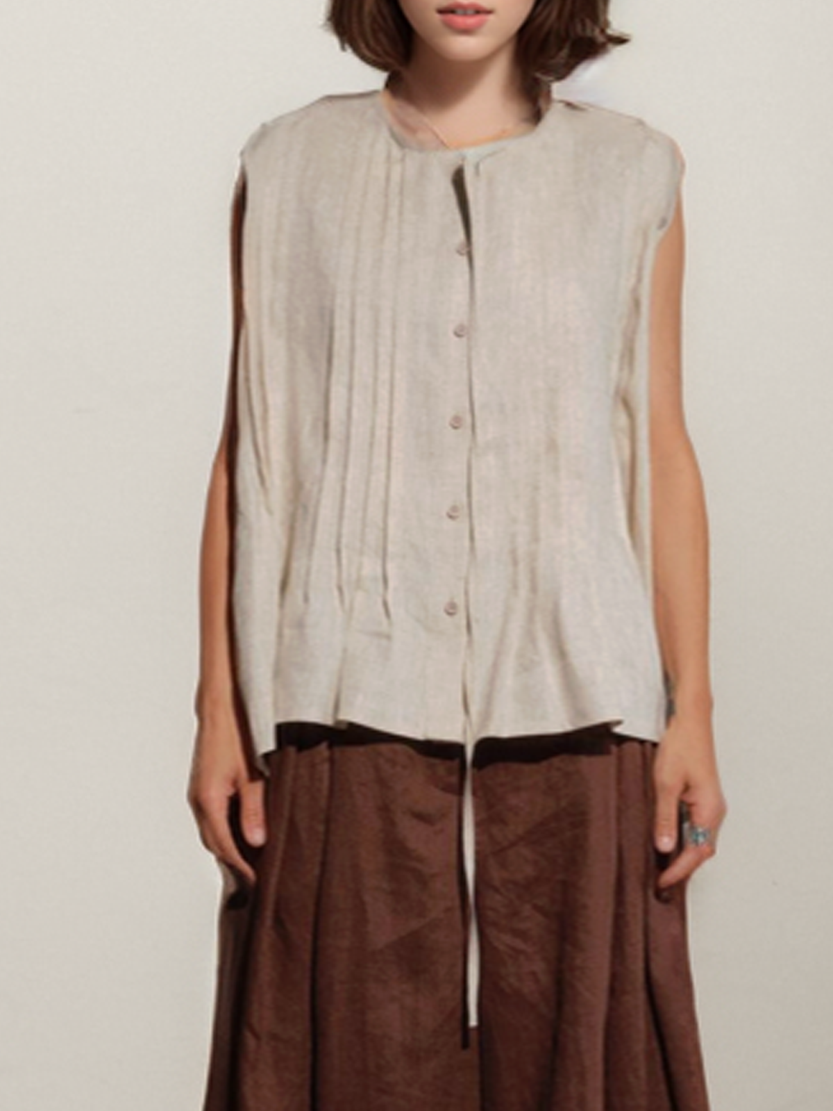 Cotton And Linen Crew Neck Button Design Pleats Sleeveless Tank Top Cotton And Linen Crew Neck Button Design Pleats Sleeveless Tank Top