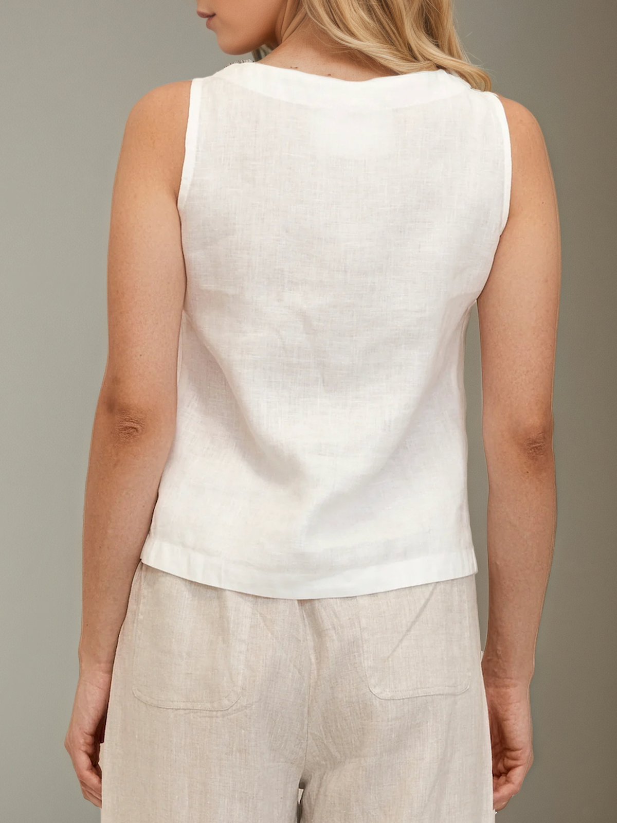 Linen Crew Neck Plain Sleeveless Tank Top Linen Crew Neck Plain Sleeveless Tank Top