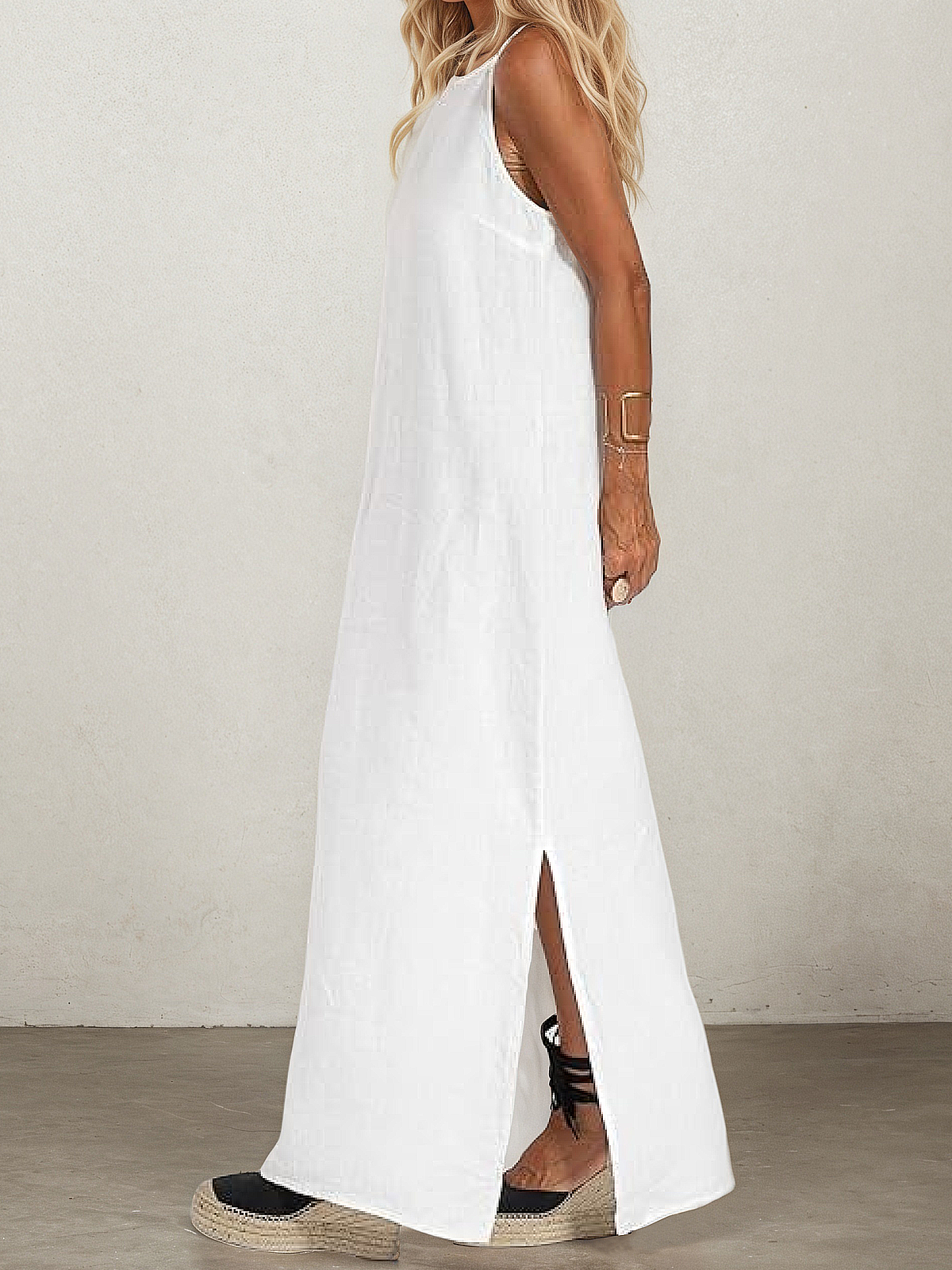 Linen Square Neck Plain Sleeveless Maxi Dress Linen Square Neck Plain Sleeveless Maxi Dress