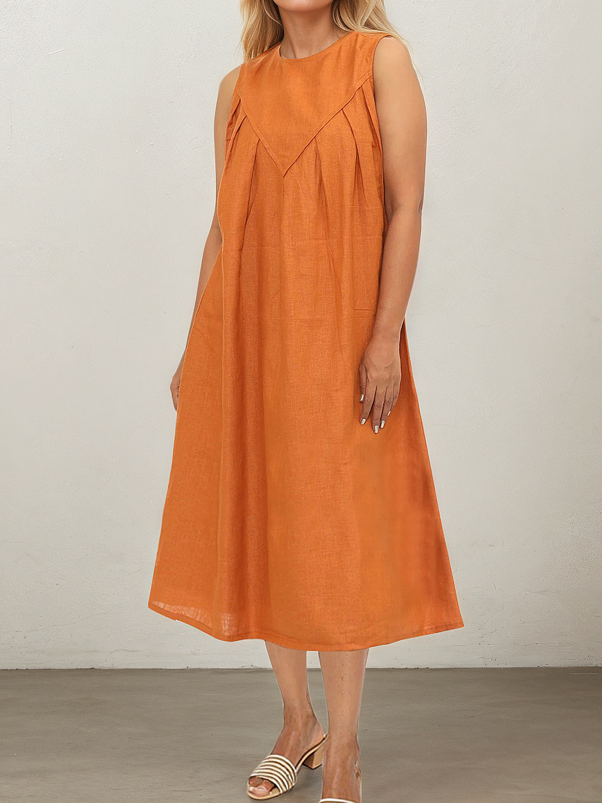 Linen Crew Neck Plain Sleeveless Midi Dress Linen Crew Neck Plain Sleeveless Midi Dress