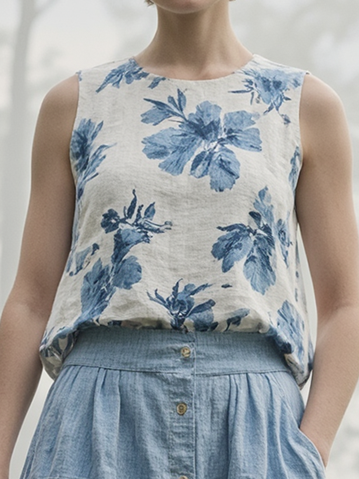 Linen Crew Neck Floral Sleeveless Tank Top Linen Crew Neck Floral Sleeveless Tank Top